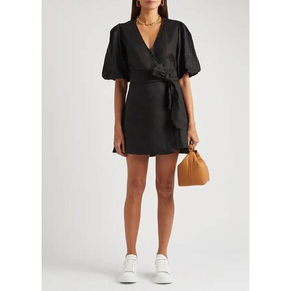 FAITHFULL THE BRAND 'Godiva' Black Linen Wrap Dress US 10 - Picture 4 of 12